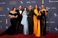 (L-R) Adriana Paz, Edgar Ramírez, Selena Gomez, Jacques Audiard, Karla Sofía Gascón, and Zoe Saldana, winners of the Best Motion Picture - Musical or Comedy award for “Emilia Pérez,” pose in the press room during the 82nd Annual Golden Globe Award at The Beverly Hilton on January 05, 2025 in Beverly Hills, California. (Photo by Amy Sussman/Getty Images)